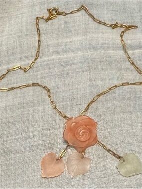 Vintage Pendant Necklace- Pink Rose with Dangling Leaves. Delicate and Pretty